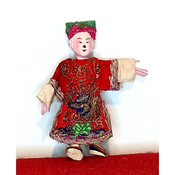 Antique Chinese Opera Doll Embroidered Silk Robe Dress Composition 5" Painted - Picture 5 of 7